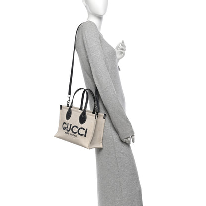 Gucci Canvas Calfskin Logo Print Medium Tote Bag Navy 2 of 12