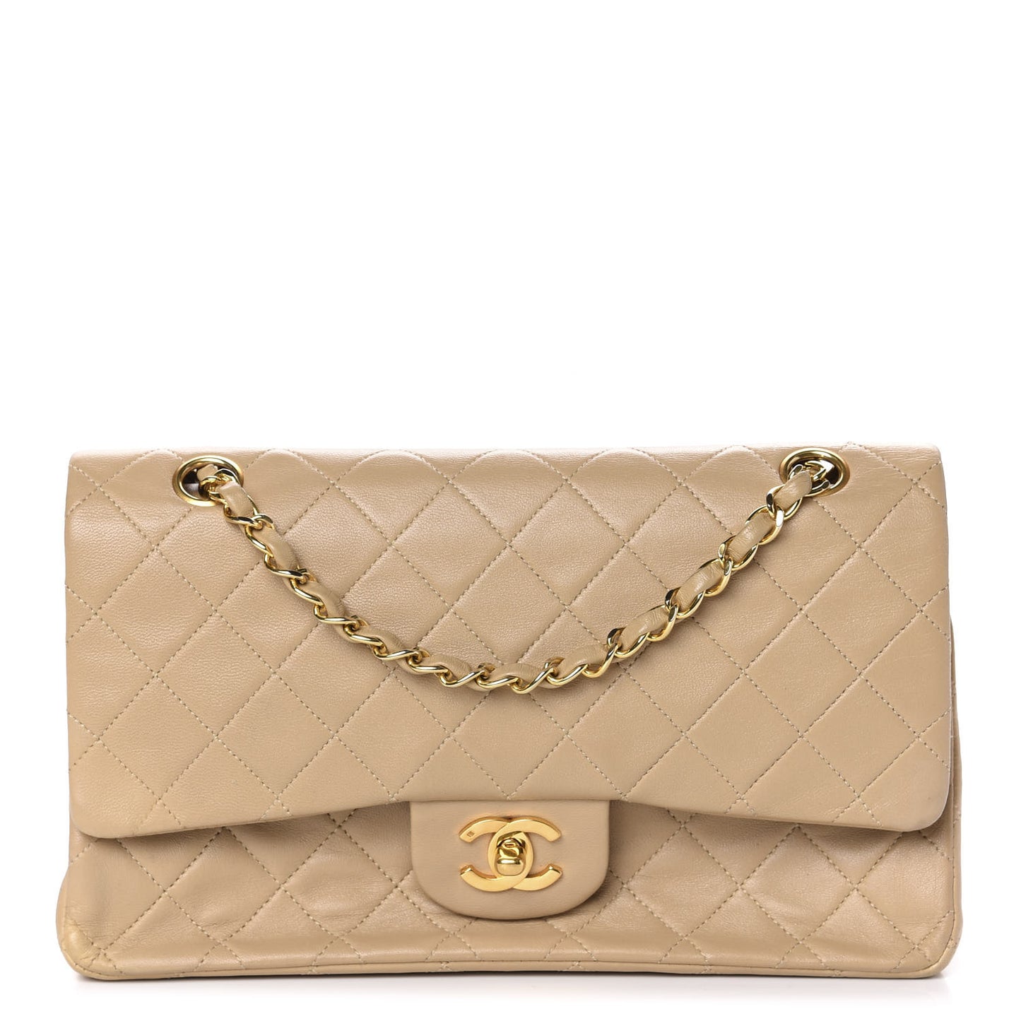 Lambskin Quilted Medium Double Flap Beige