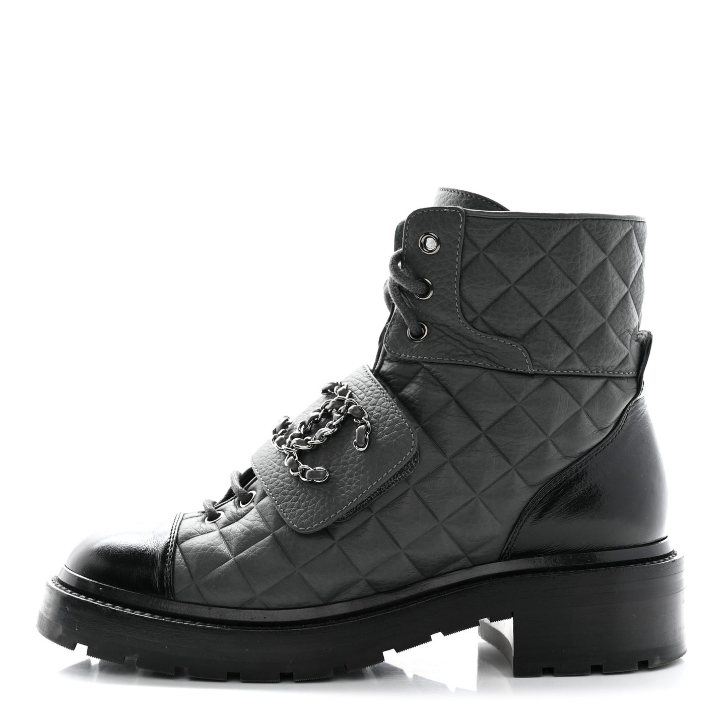 Calfskin Shiny Calfskin Quilted Lace Up Combat Boots 37.5 Dark Grey Black