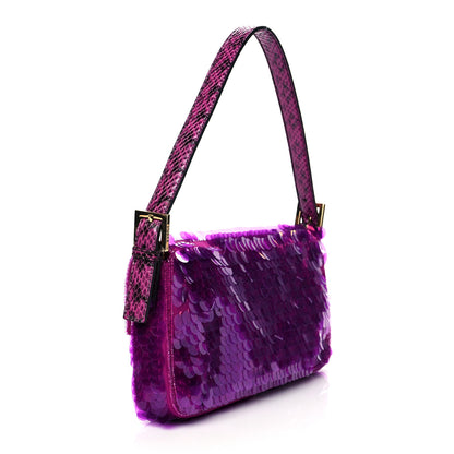 Fendi Satin Sequin Paillettes Bilics Lustre Snakeskin Medium Baguette 1997 Dark Pink 2 of 9