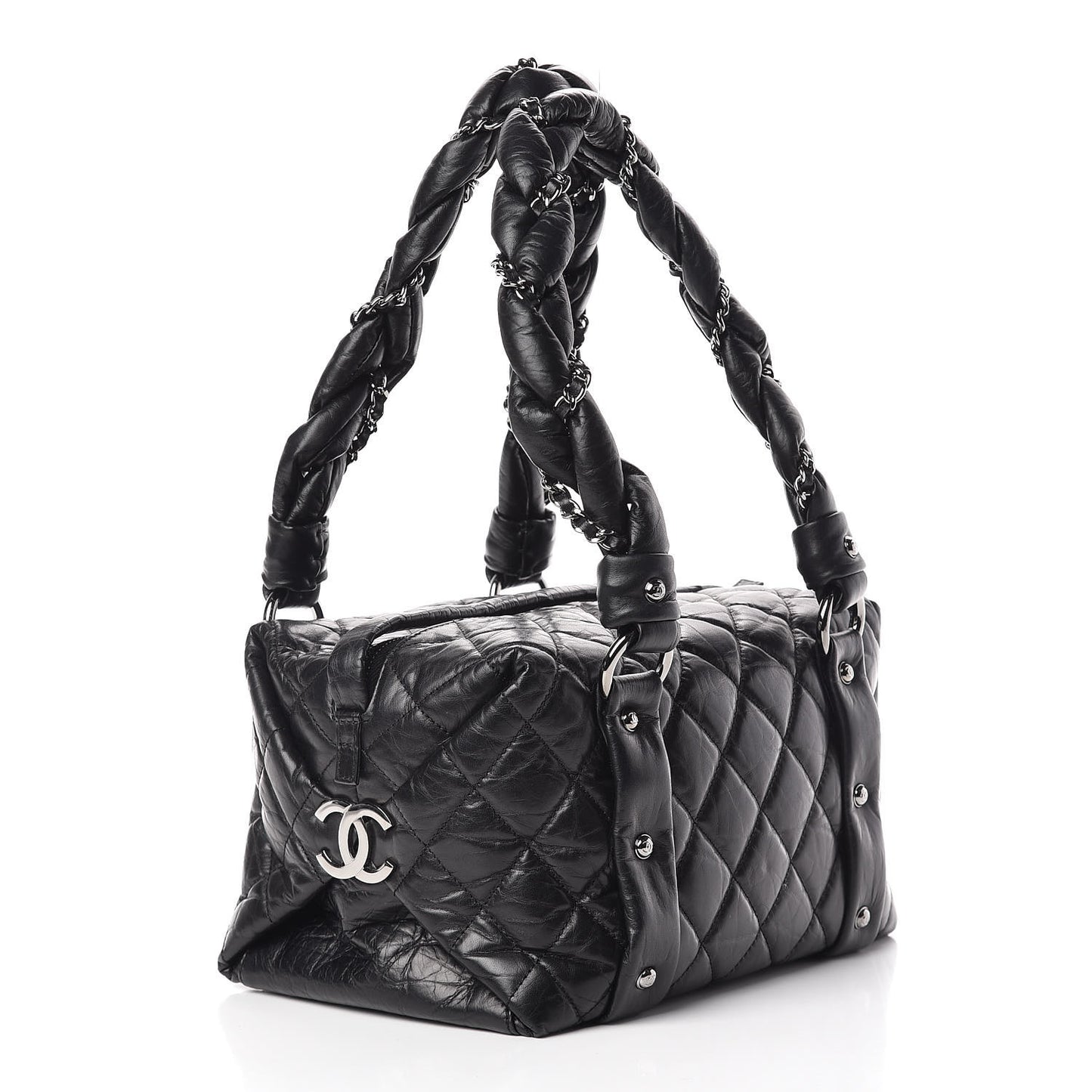 Distressed Lambskin Small Lady Braid Tote Black