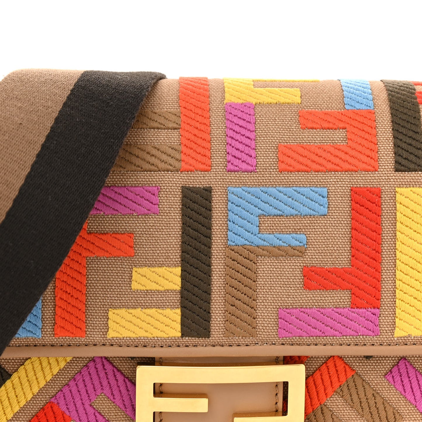 Canvas Vitello King FF Multicolor Embroidered Baguette Multicolor Cuoio