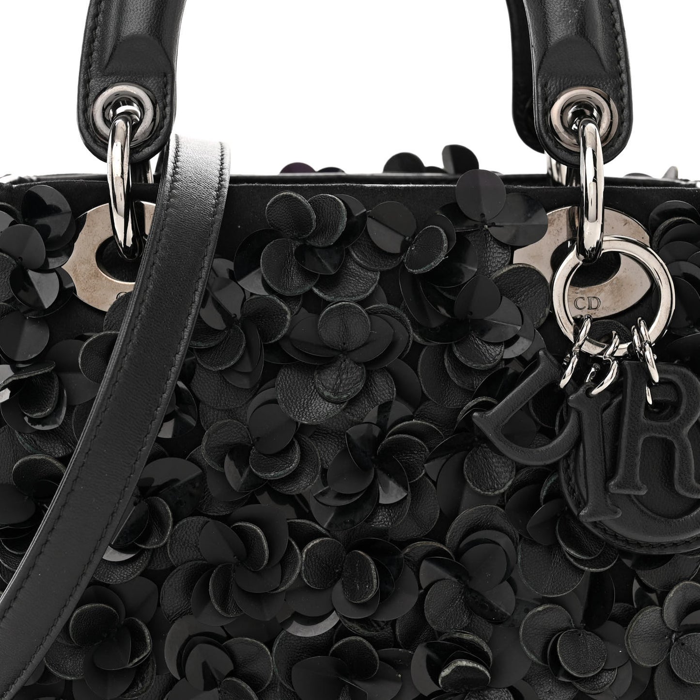 Lambskin Satin Sequin Floral Mini Lady Dior Black