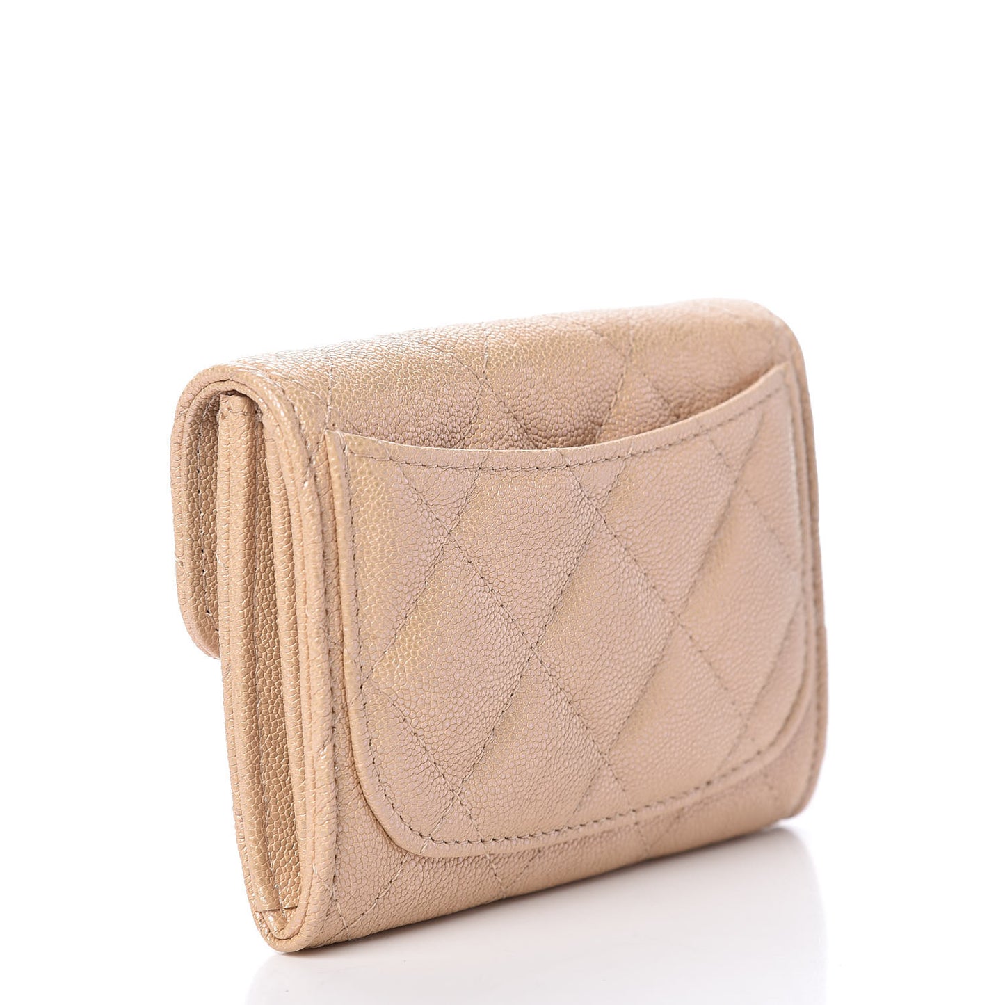 Iridescent Caviar Quilted Flap Card Holder Wallet Beige