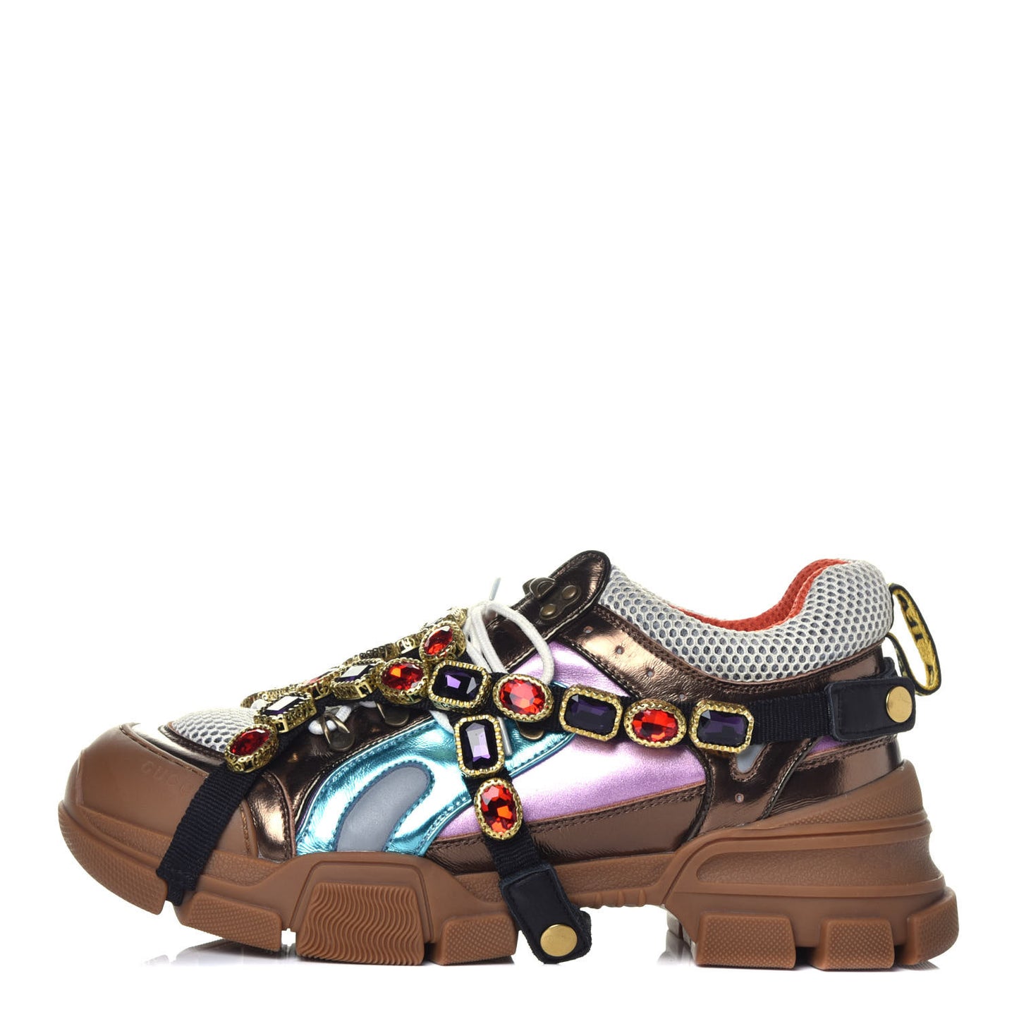 X SEGA Metallic Calfskin Mesh Removable Crystals Womens Flashtrek Sneakers 42 Rame Mystic White Lago