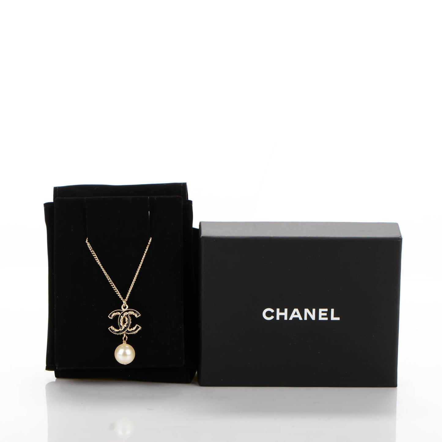 Enamel CC Pearl Drop Necklace Black Gold