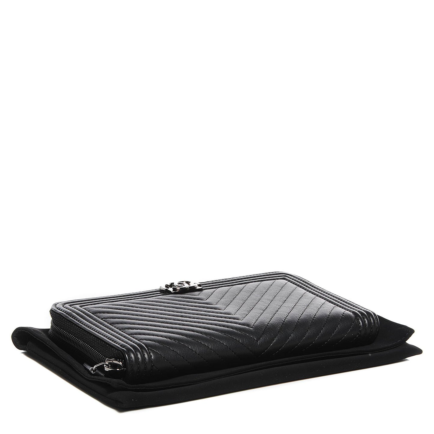 Calfskin Chevron Zip Around Boy Wallet Black