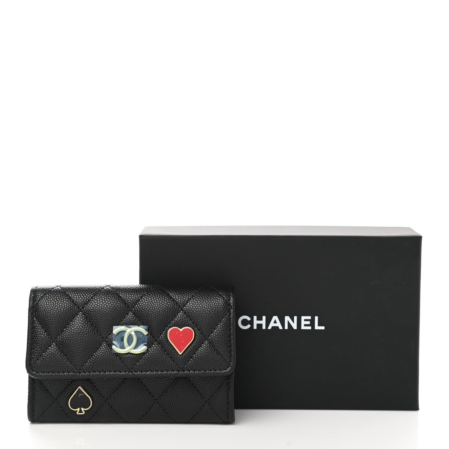 Caviar Quilted Enamel Coco Casino Flap Card Holder Wallet Black