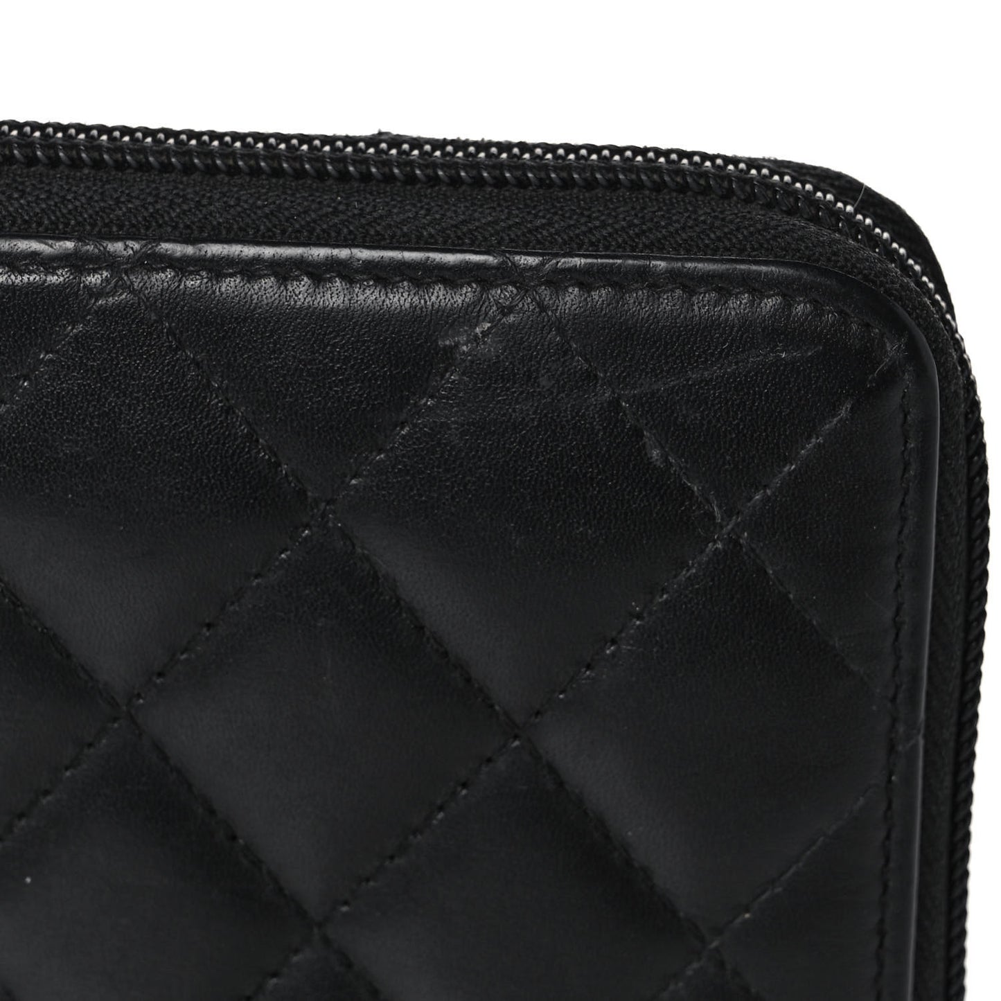 Calfskin Quilted Cambon Large Gusset Zip Around Wallet Black Silver