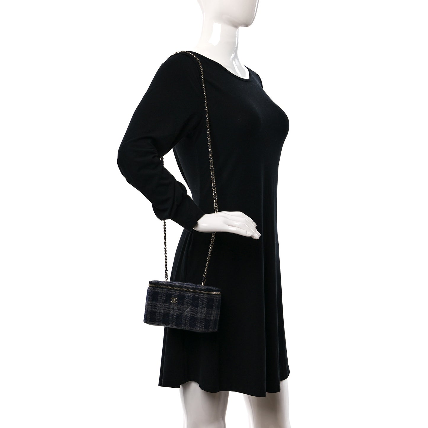 Wool Plaid Quilted Small Vanity Case With Chain Blue