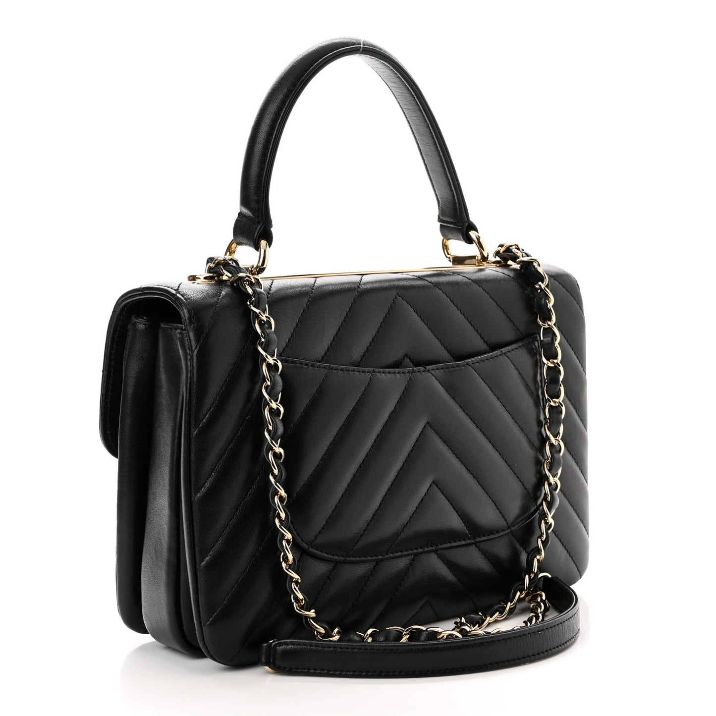 Lambskin Chevron Quilted Small Trendy CC Dual Handle Flap Bag Black