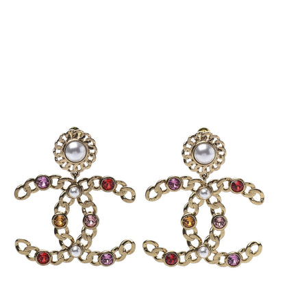 Chanel Pearl Crystal Chain Link CC Drop Earrings Gold Red Pink Yellow 1 of 5