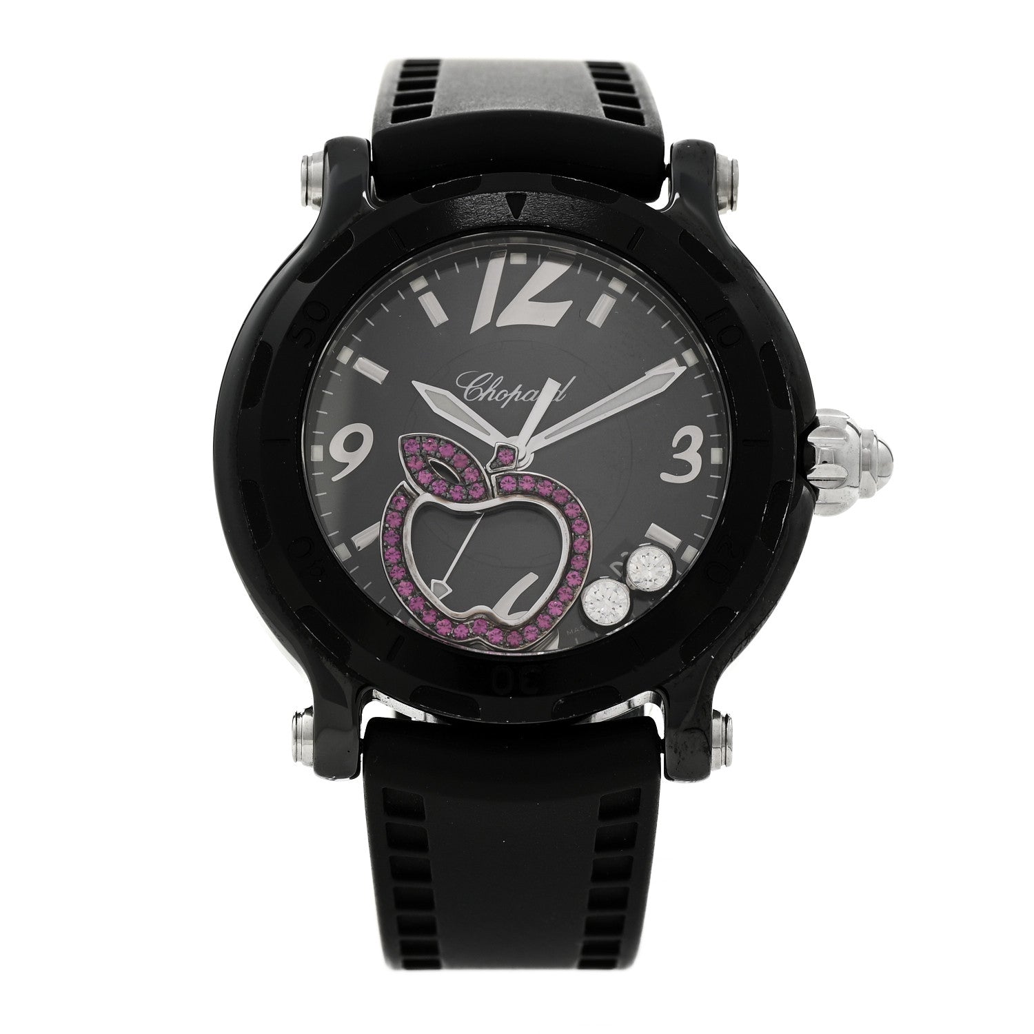Chopard Stainless Steel Rubber Diamond Pink Sapphire 38mm Happy Sport Apple Quartz Watch Black 1 of 4