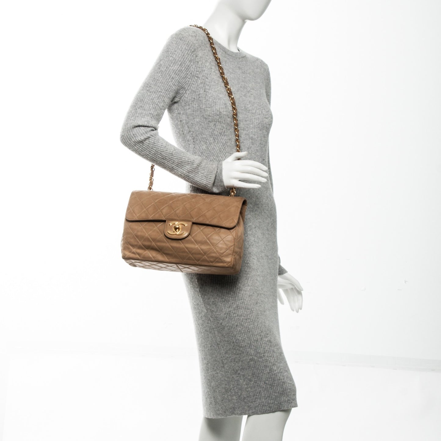 Lambskin Quilted Jumbo Single Flap Beige