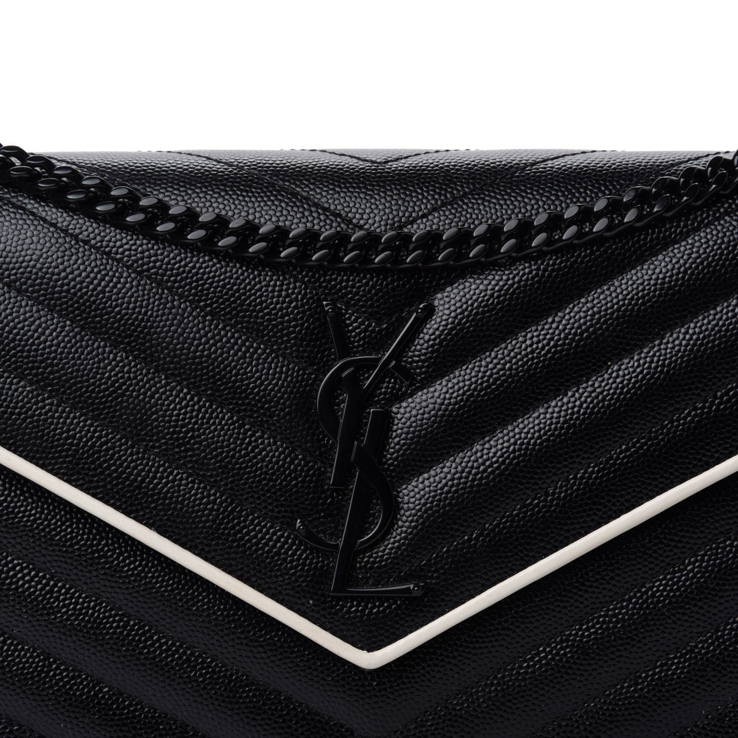 Saint Laurent Grain De Poudre Matelasse Chevron Monogram Chain Wallet Black White 11 of 11