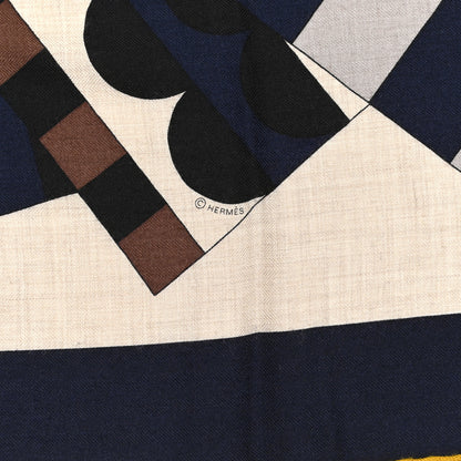 Hermes Cashmere Silk Cheval De Fete Shawl 140 Naturel Marine Moutarde 3 of 6