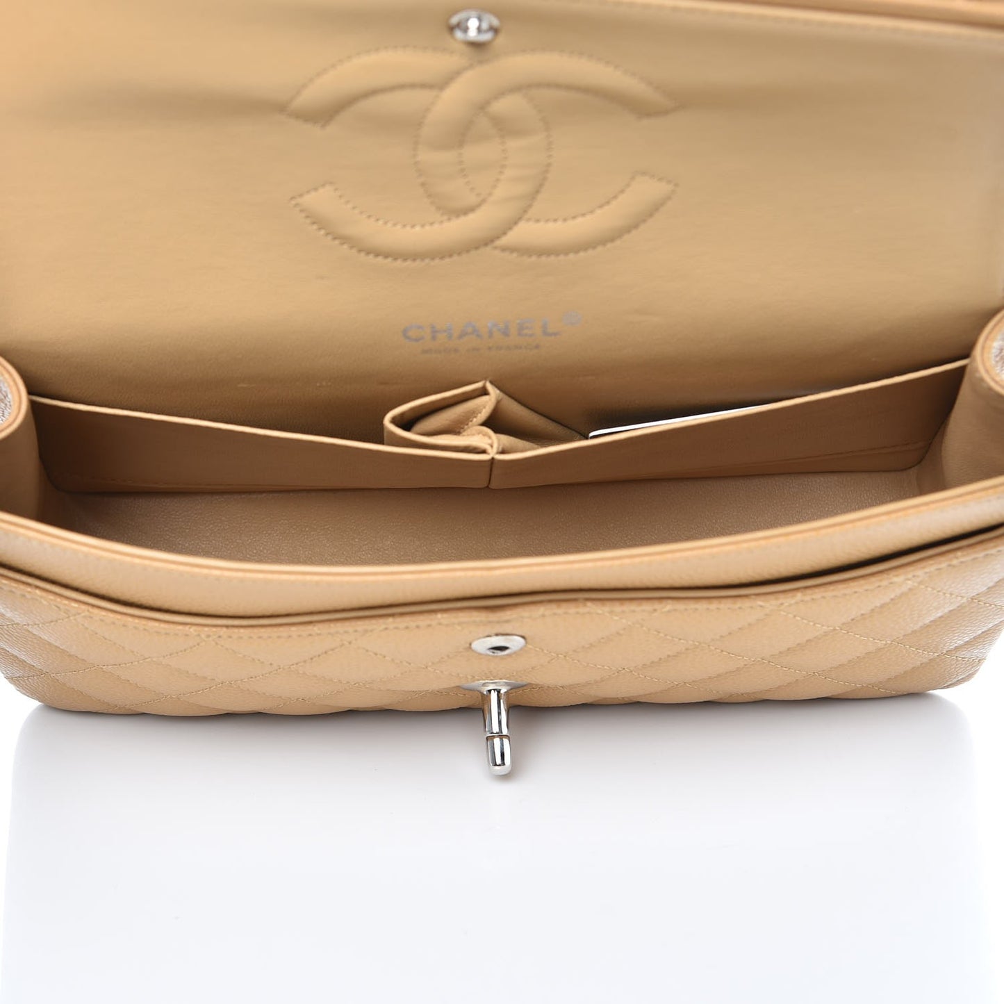 Caviar Quilted Medium Double Flap Beige