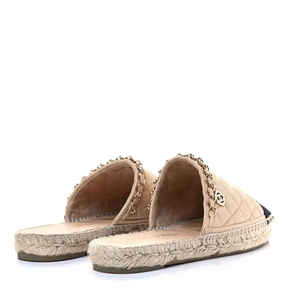 Chanel Lambskin Grosgrain Quilted CC Chain Espadrille Mules 38 Beige Black 3 of 8