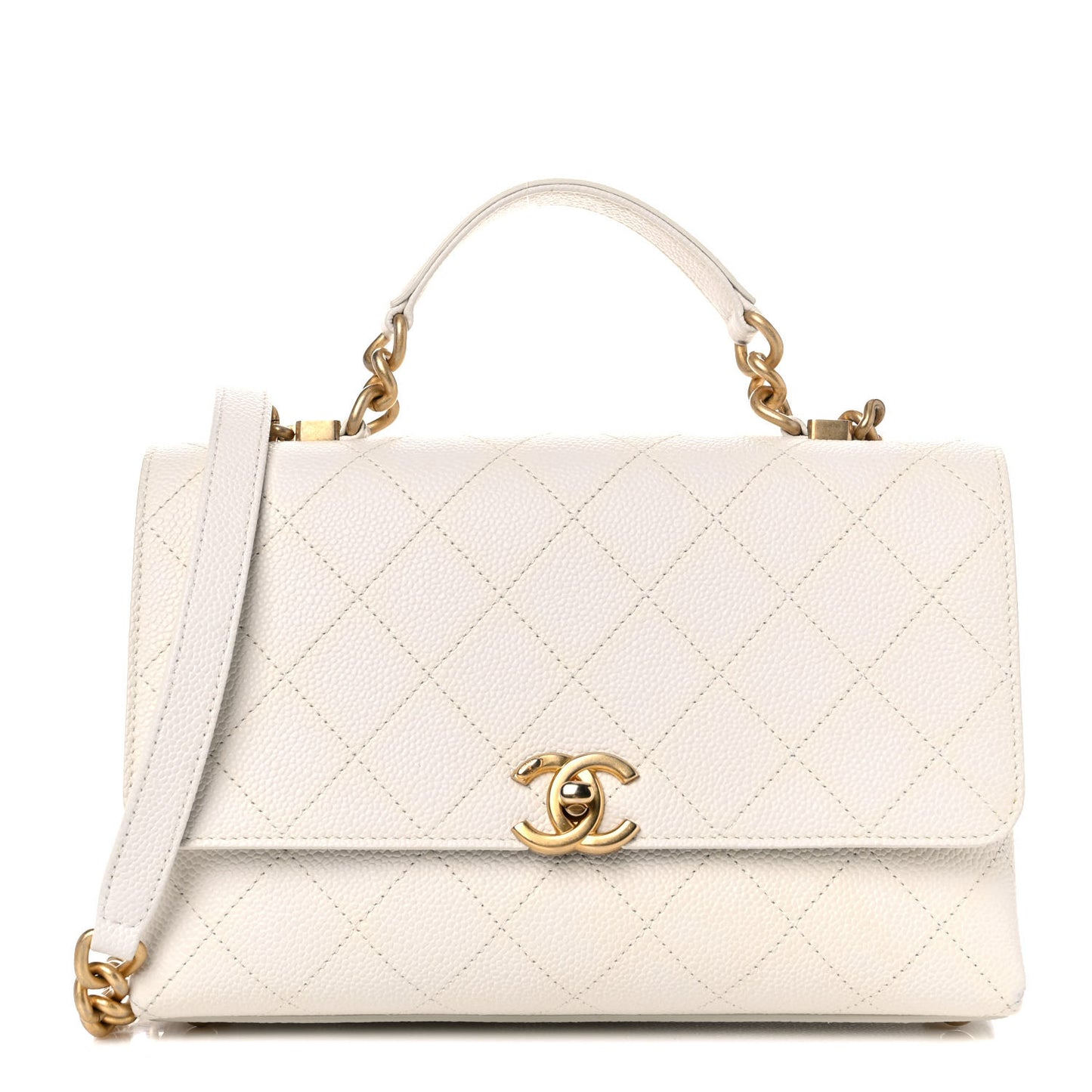 Grained Calfskin Small Stitched Flap White