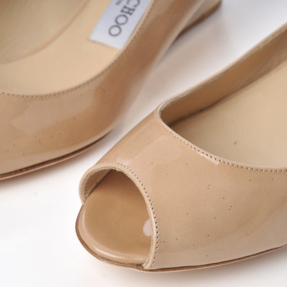 Jimmy Choo Patent Bergen Peep Toe Low Wedge Pumps 38.5 Beige 12 of 12