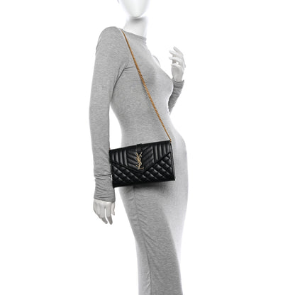 Saint Laurent Grain De Poudre Mixed Matelasse Triquilt Monogram Chain Wallet Black 2 of 10