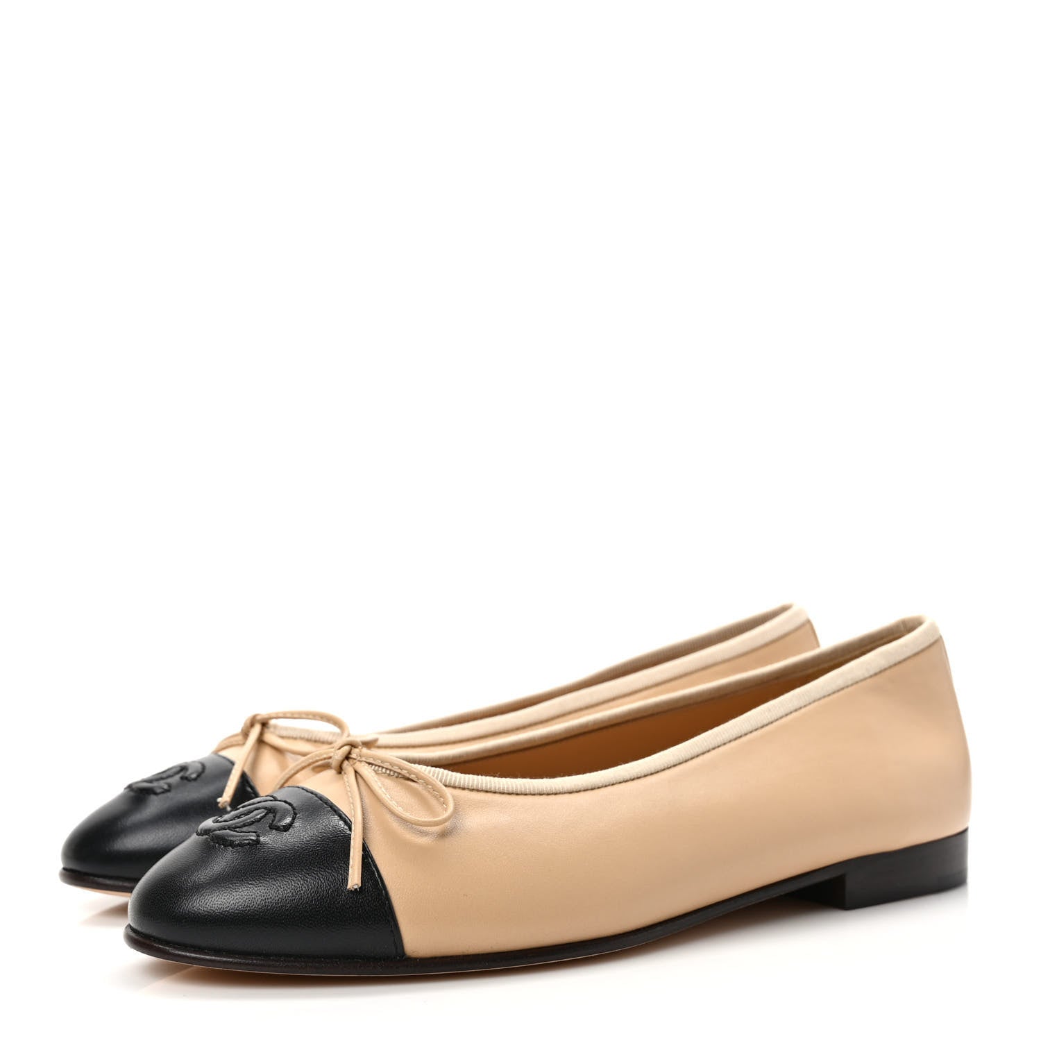 Chanel Lambskin Cap Toe CC Ballerina Flats 37 Beige Black 3 of 8