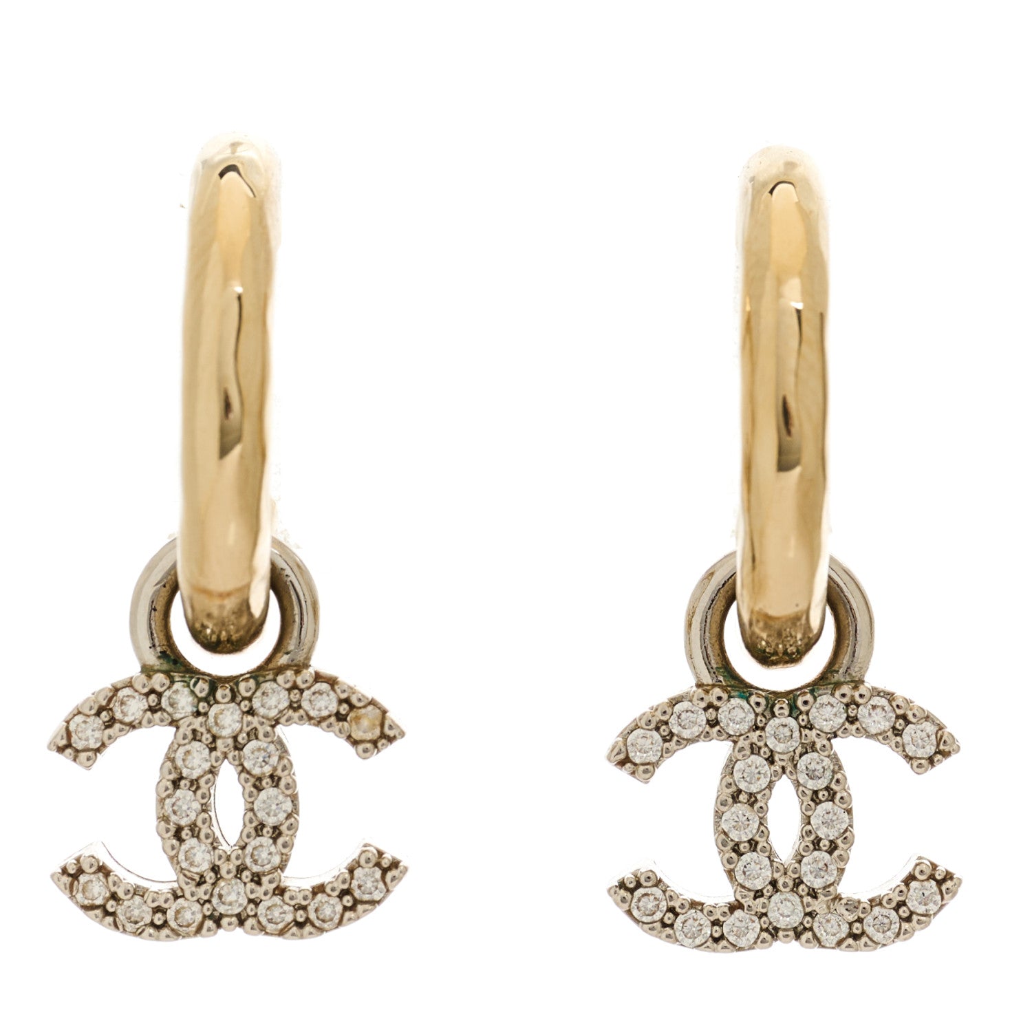 Chanel Metal Crystal Studded CC Hoop Drop Earrings Gold 1 of 4
