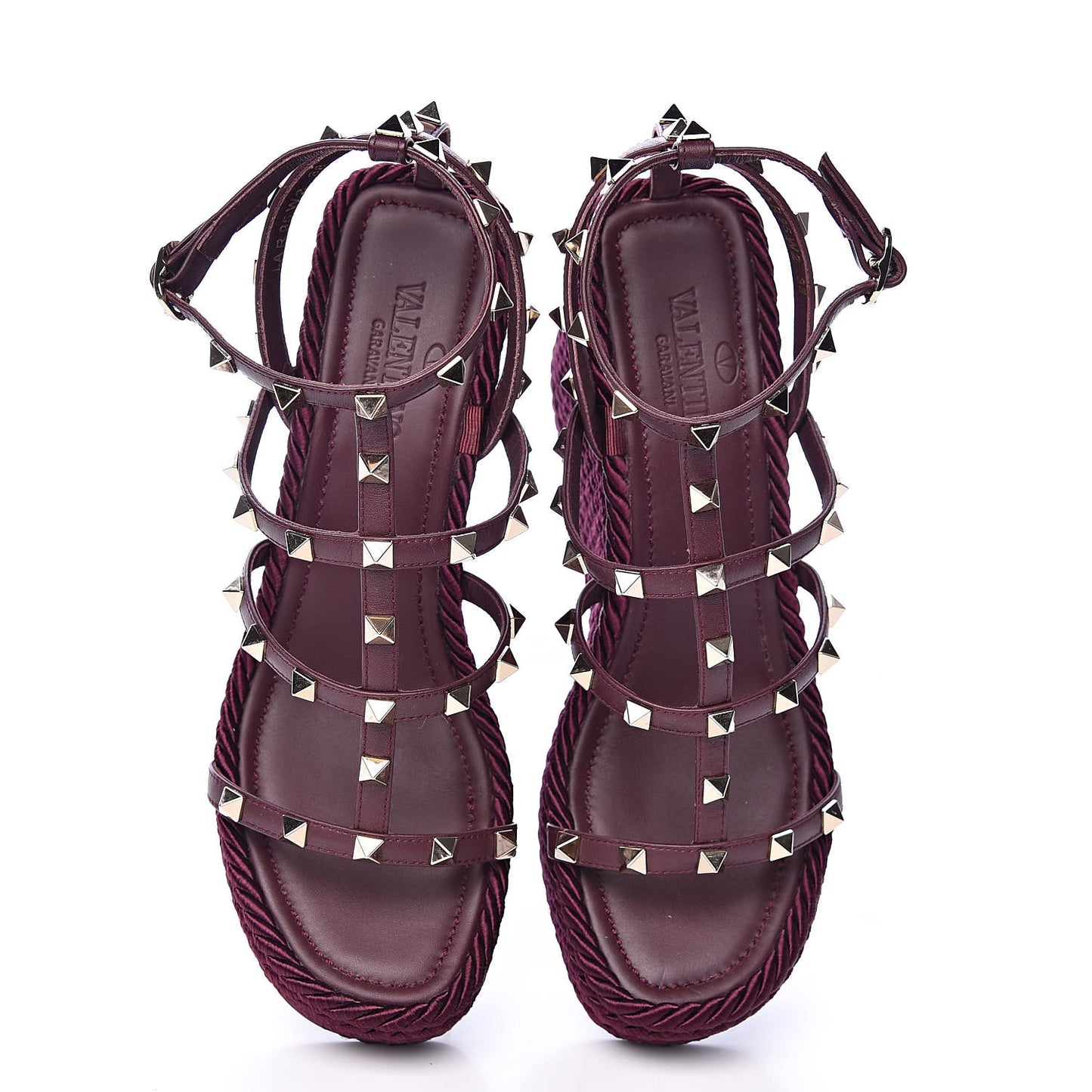 Calfskin Rockstud Ankle Strap Torchon Espadrille Caged 25/95mm Wedge Sandals 38 Rubin