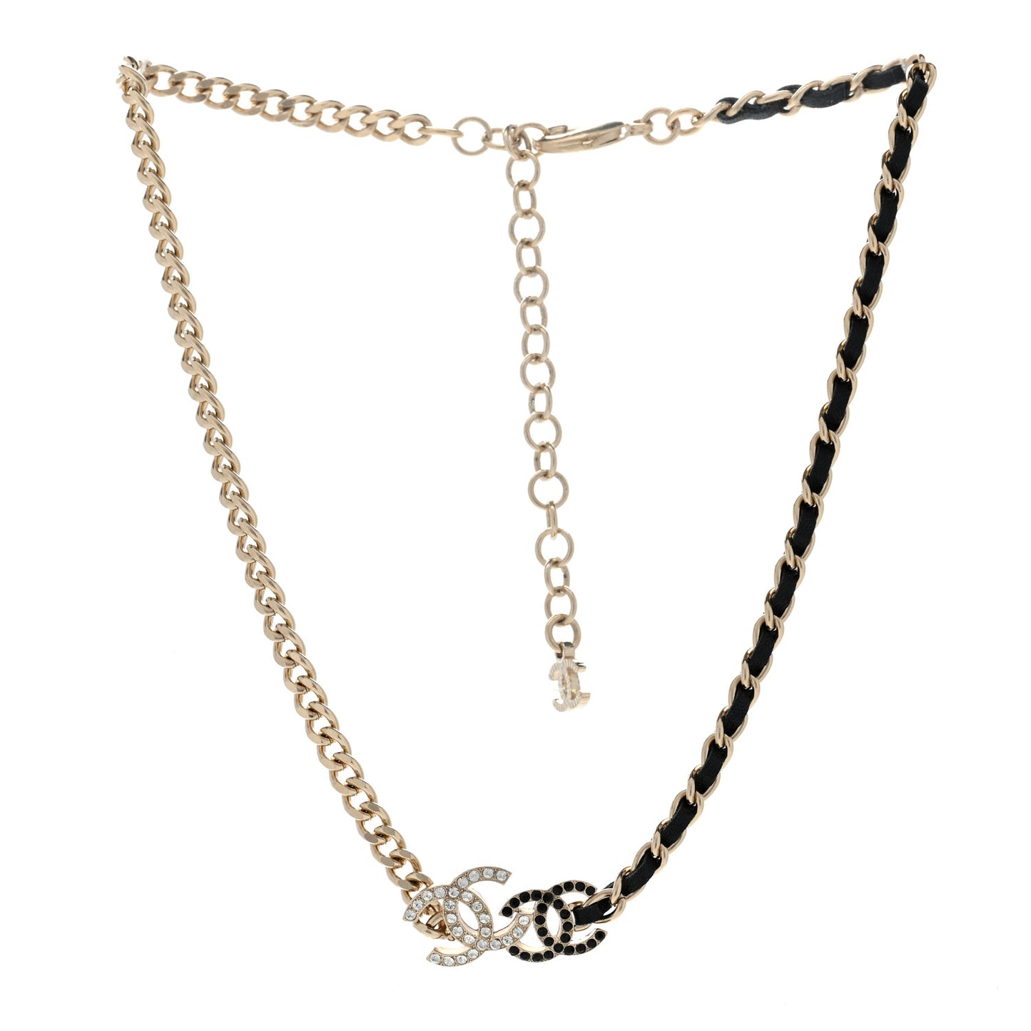 Metal Calfskin Crystal Double CC Short Necklace Black Gold