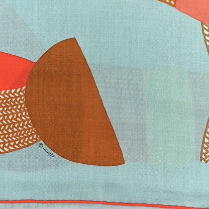 Hermes Cashmere Silk Mon Premier Galop Shawl 140 Bleu Glacier Corail Black 2 of 3