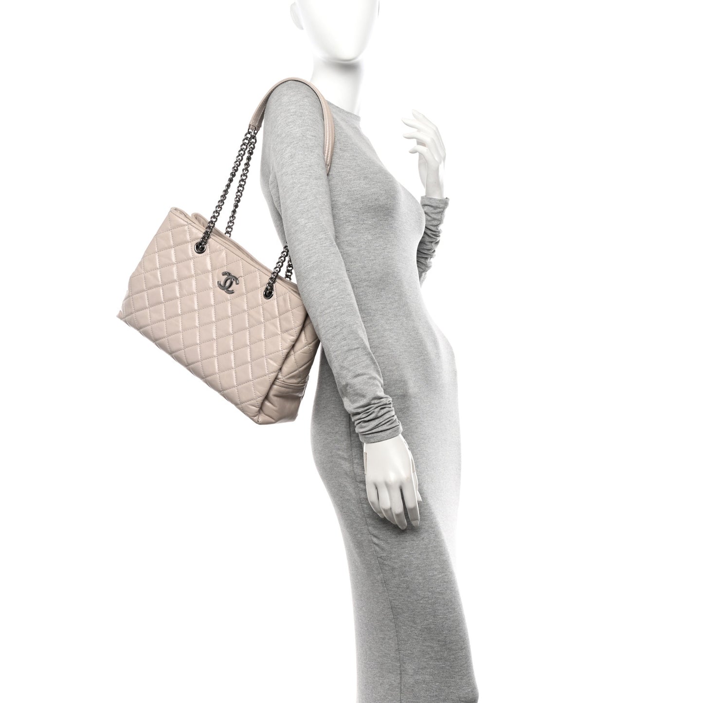 Glazed Calfskin Quilted Shopping Tote Light Beige