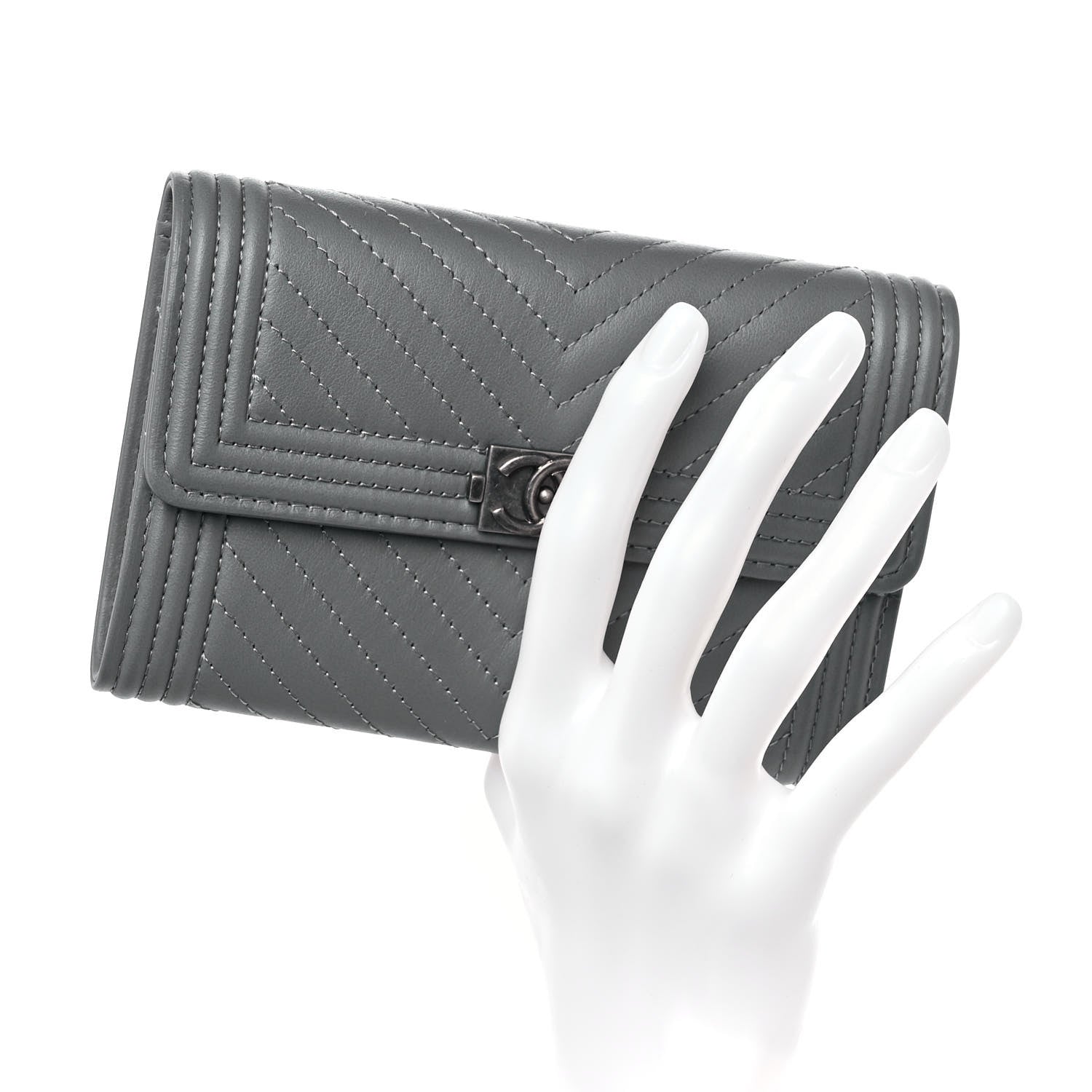 Chanel Calfskin Chevron Quilted Medium Boy Flap Wallet Grey 2 of 11