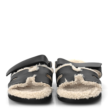 Hermes Calfskin Woolskin Mens Chypre Sandals 42 Black Ecru 2 of 9