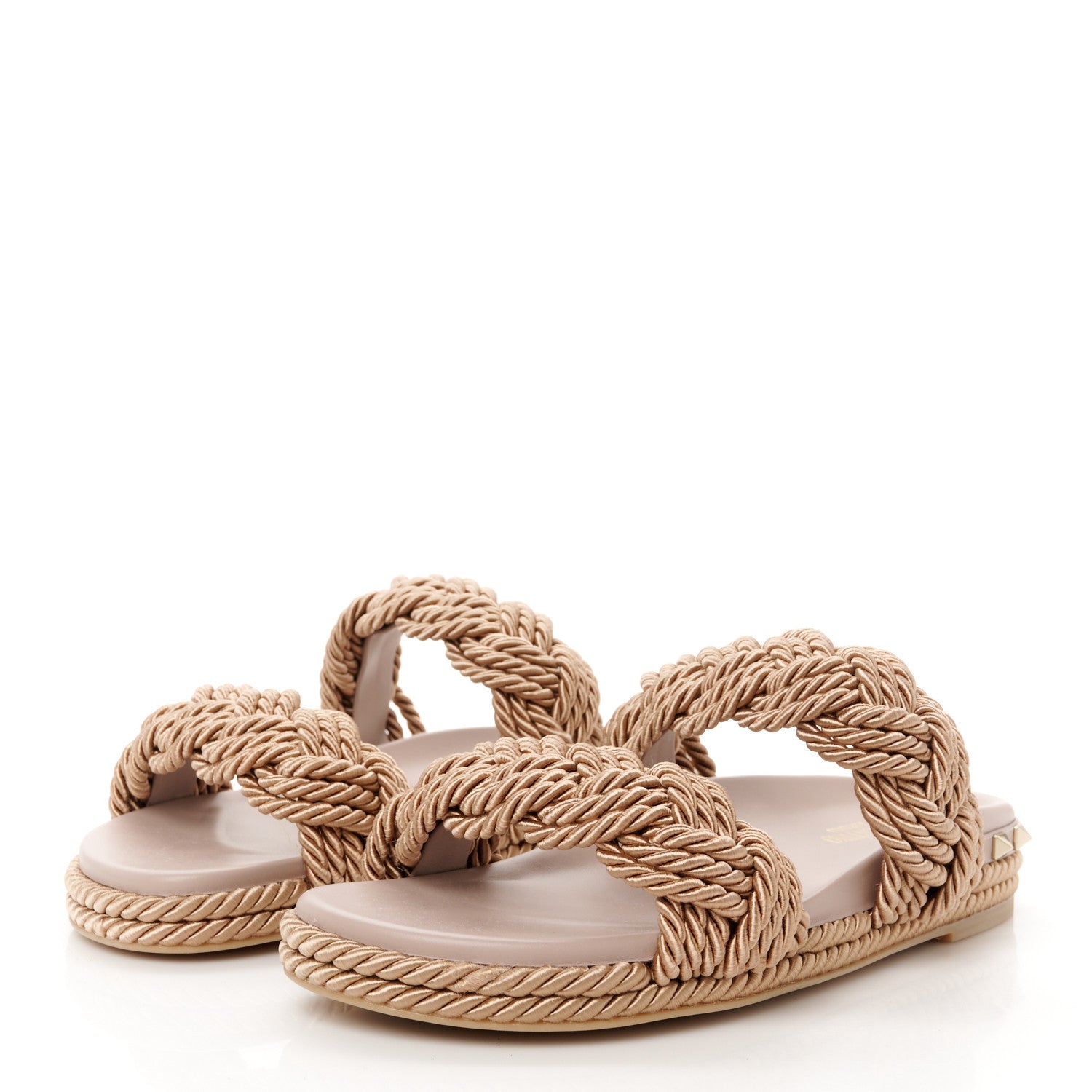 Valentino Garavani Calfskin Silk Woven Rockstud Torchon 5mm Sandals 40 Poudre 4 of 9