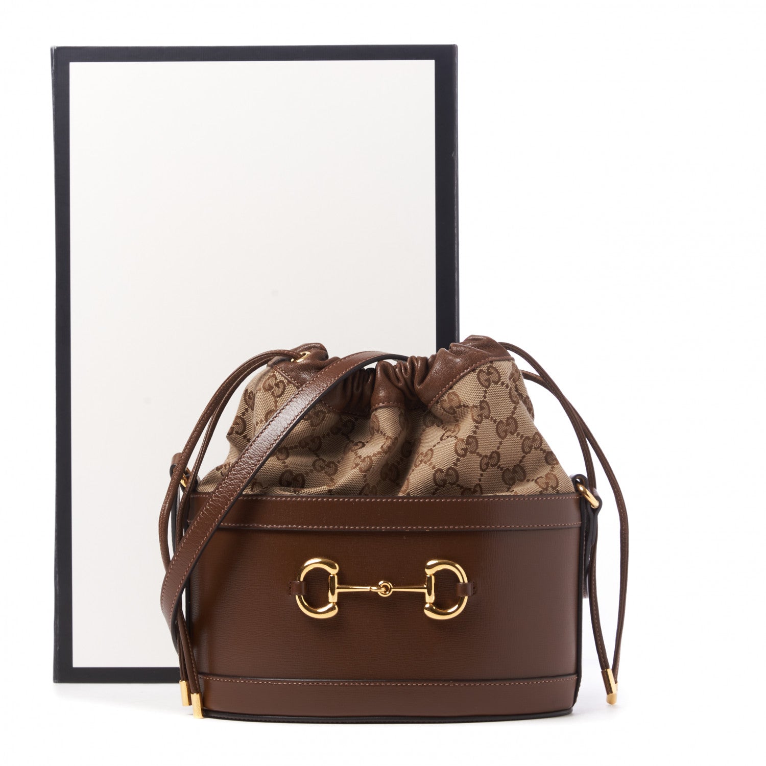 Gucci Monogram Textured Calfskin Horsebit 1955 Drawstring Bucket Bag Beige Brown Sugar 10 of 10