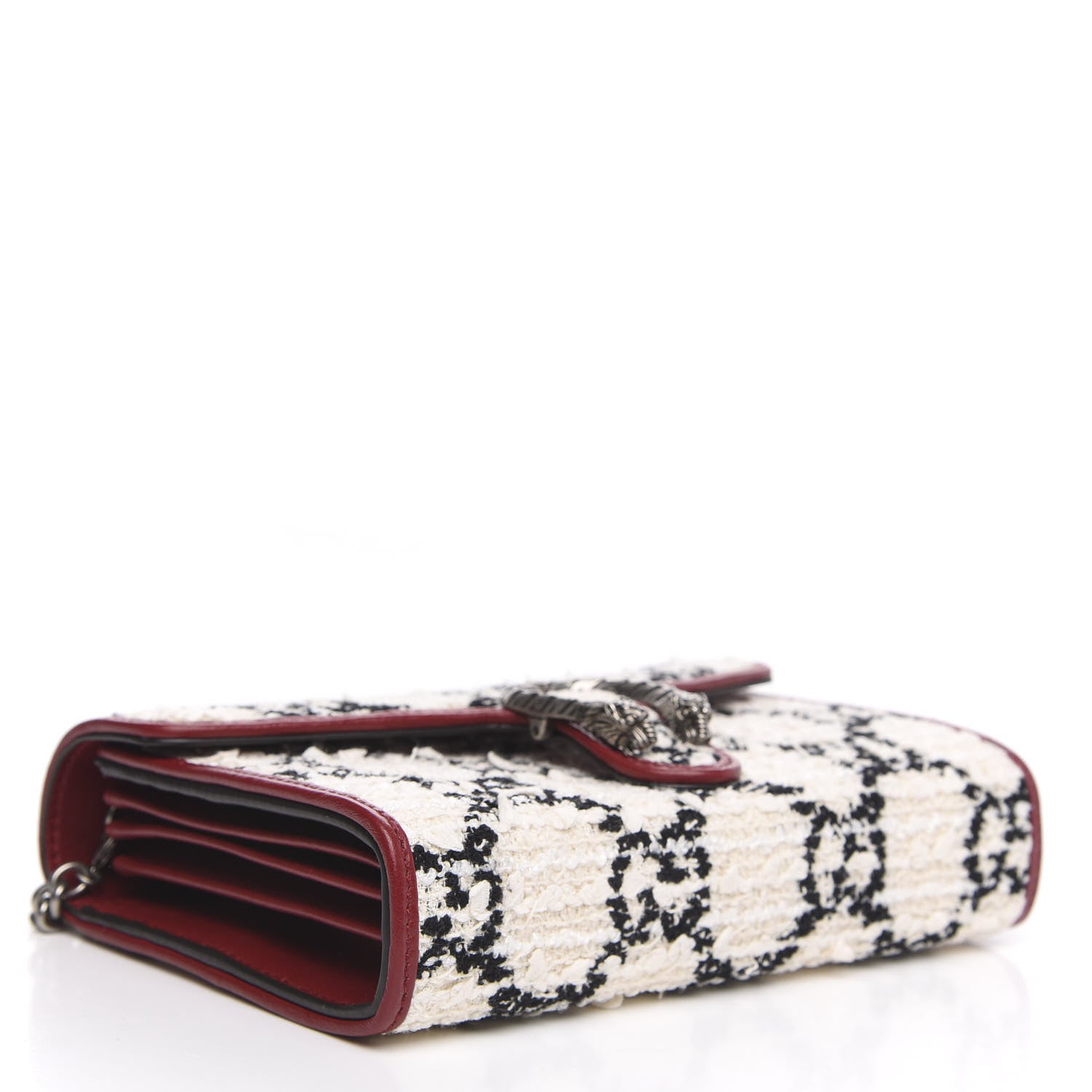 Gucci Tweed GG Monogram Mini Dionysus Chain Wallet White Black Romantic Cherry 4 of 11
