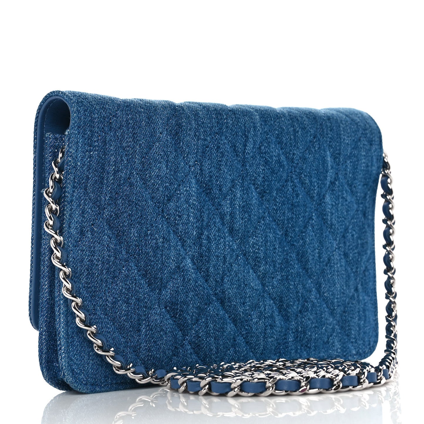 Denim Quilted Camellia Wallet On Chain WOC Blue