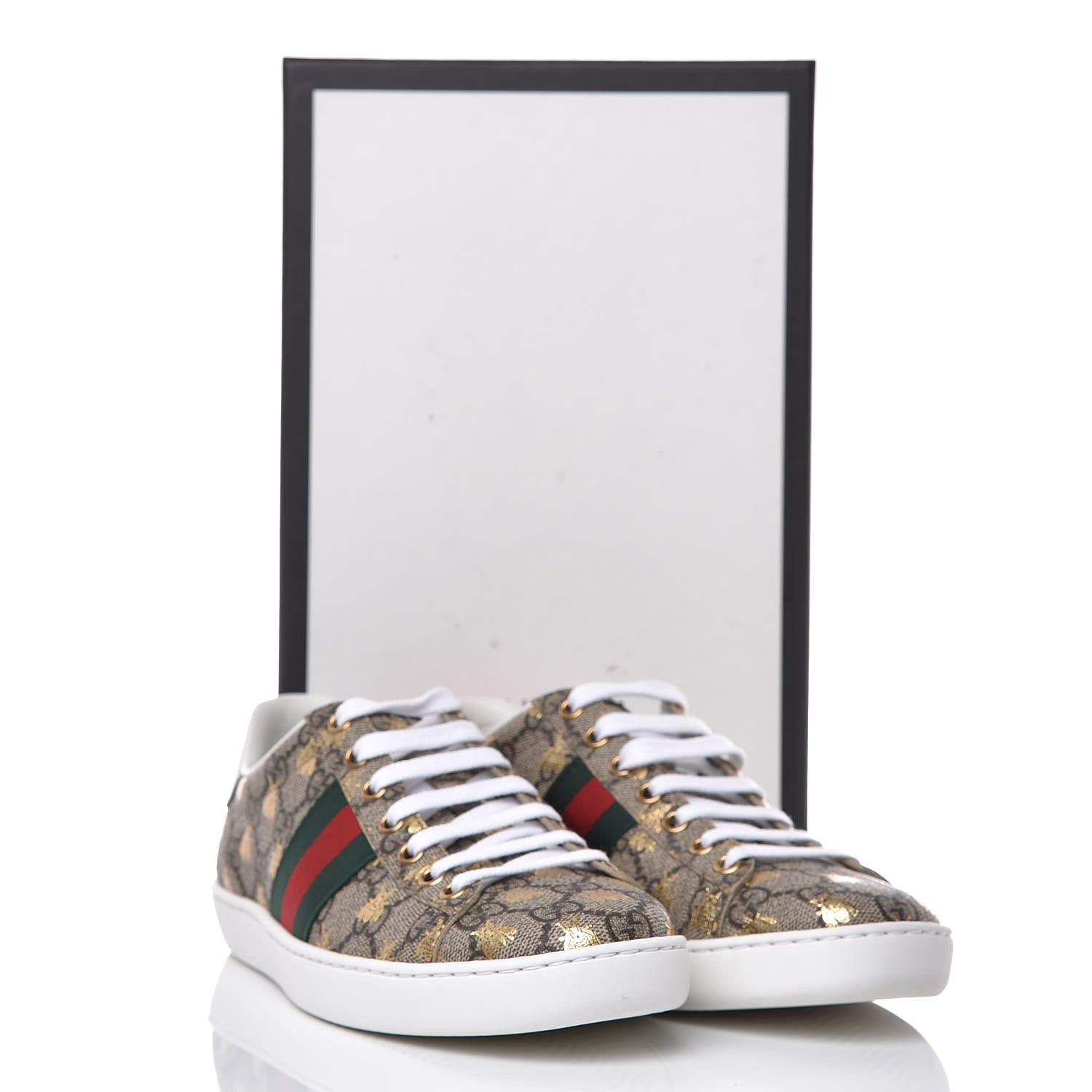 Gucci GG Supreme Monogram Bees Ayers Web Womens Ace Sneakers 37 Beige Oro Green Red 11 of 11