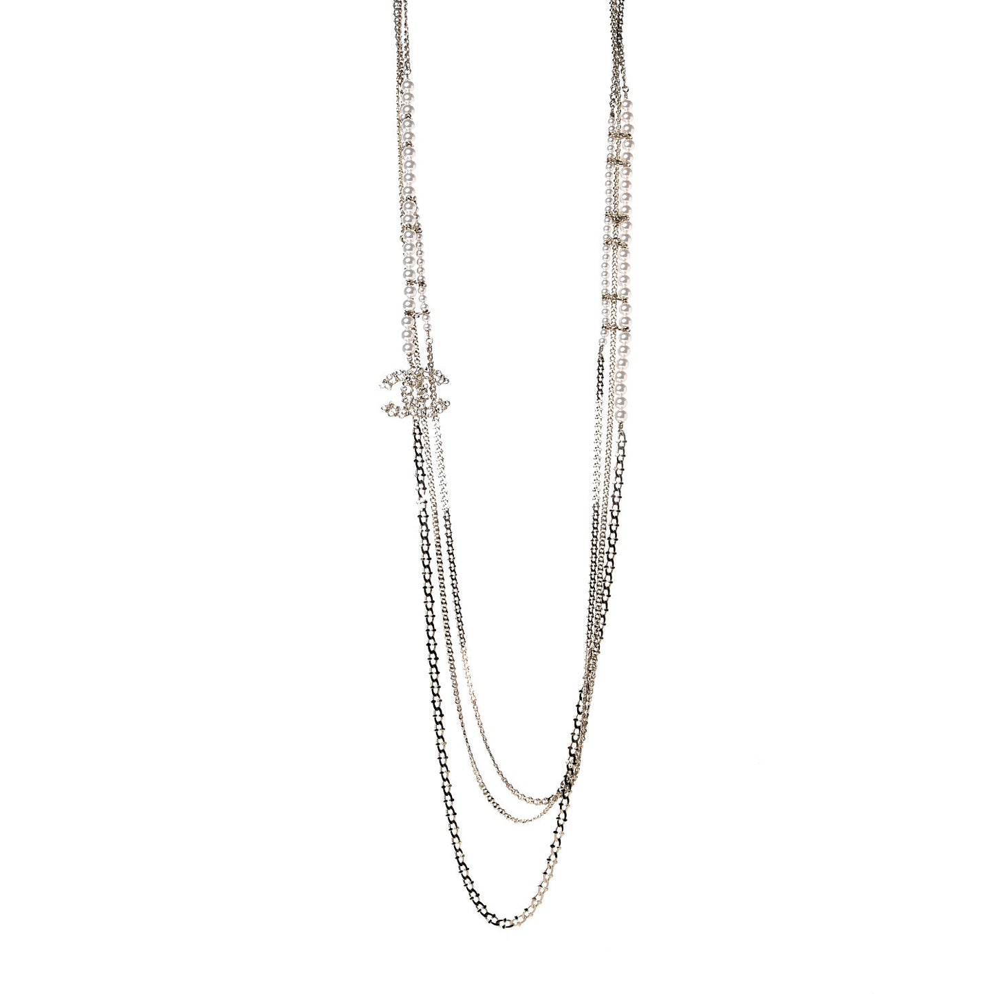 Crystal Pearl CC Long Multistrand Necklace Gold