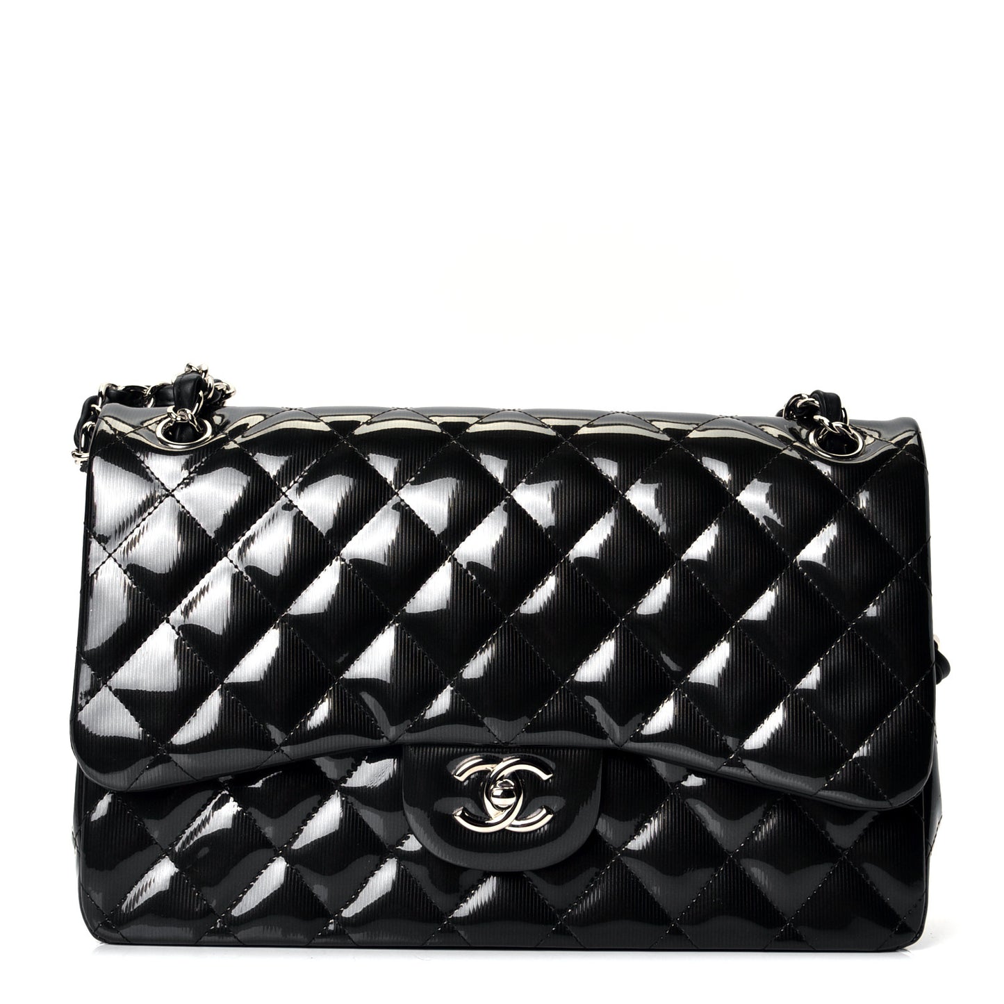 Striated Patent Quilted Jumbo Double Flap Black