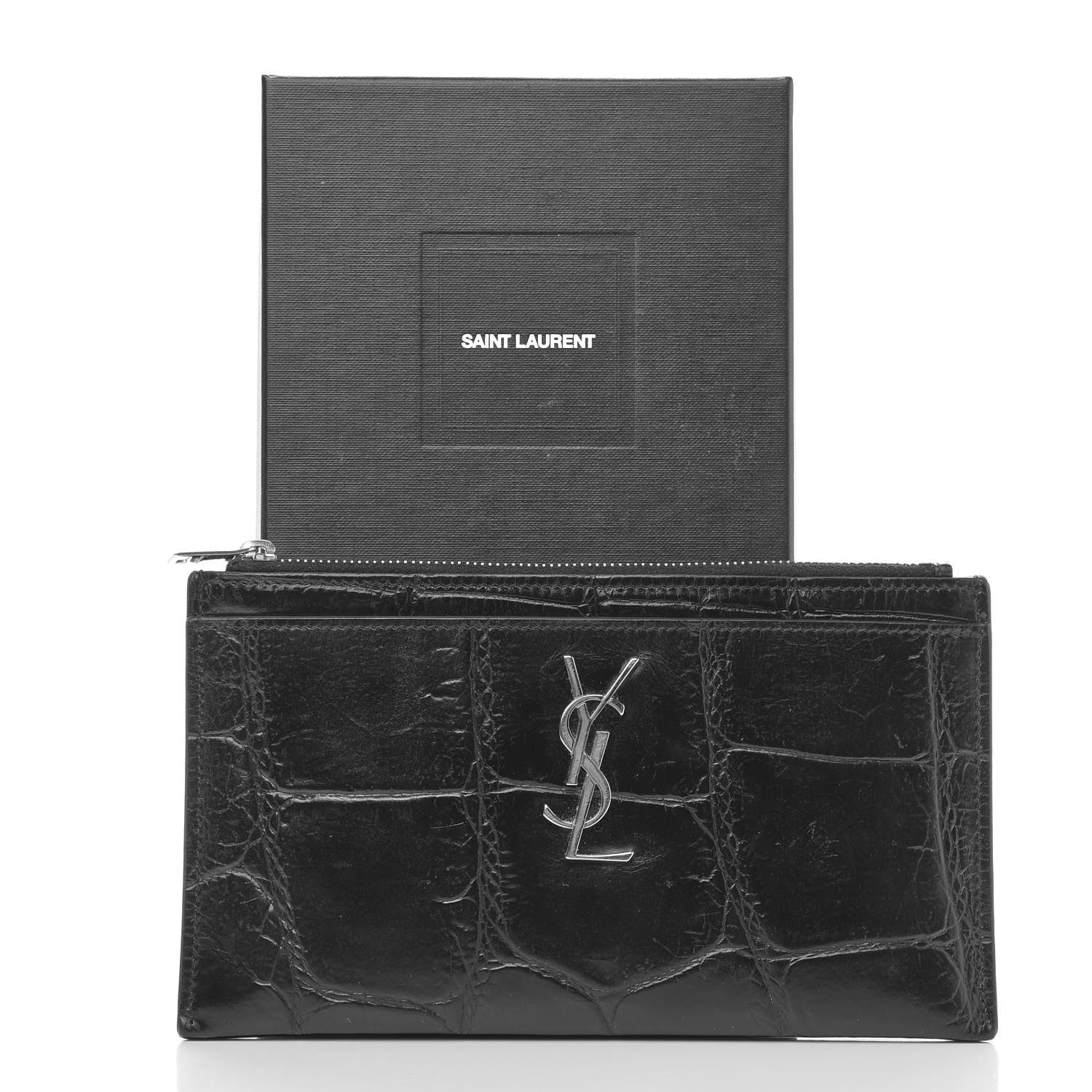 Saint Laurent Calfskin Crocodile Embossed Monogram Bill Pouch Black 10 of 10