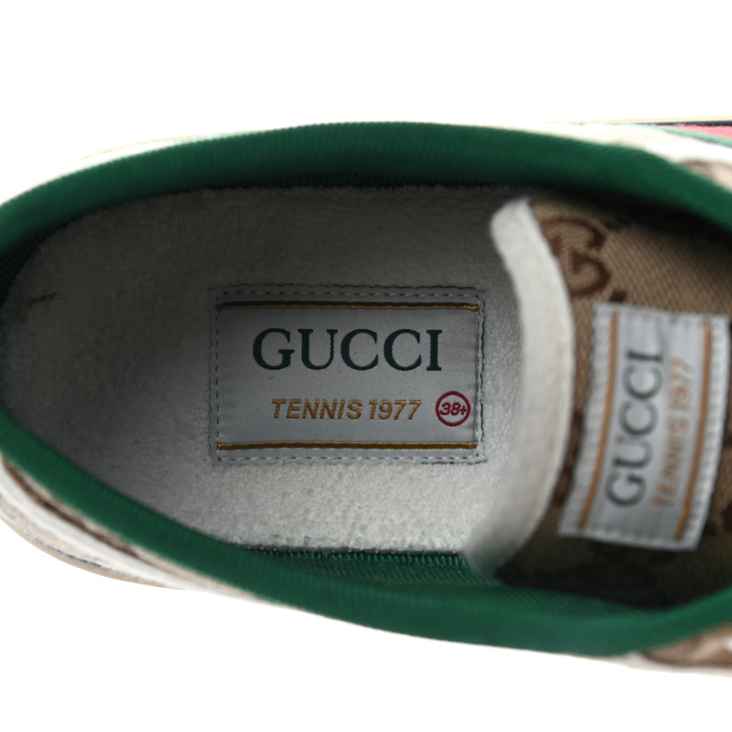 GG Monogram Web Womens 1977 Tennis Sneakers 38.5 Beige Ebony Mystic White