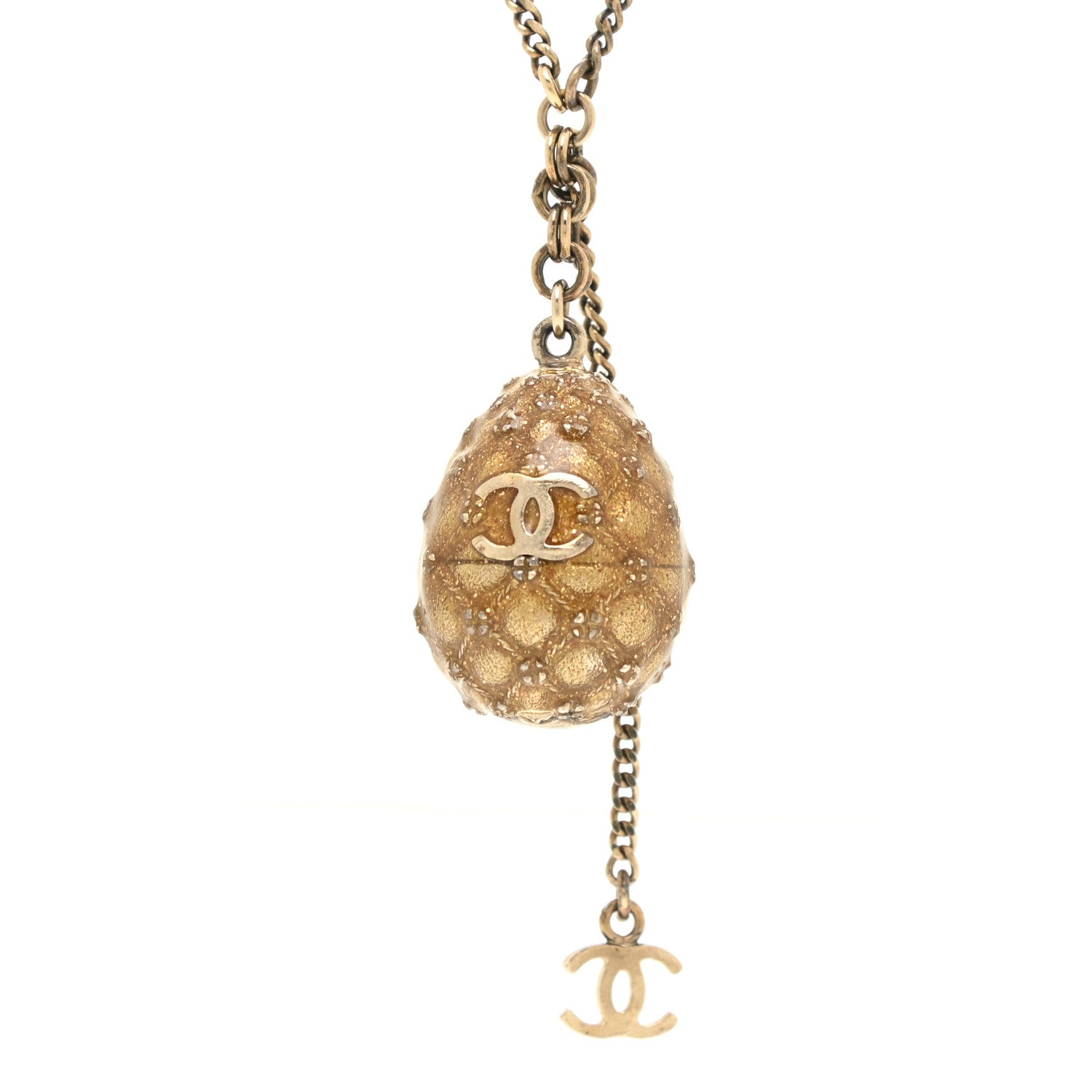 Chanel Metal Enamel CC Quilted Egg Necklace Gold 4 of 5