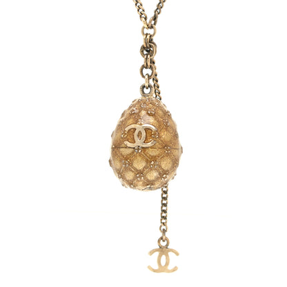 Chanel Metal Enamel CC Quilted Egg Necklace Gold 4 of 5