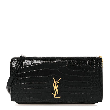Saint Laurent Crocodile Embossed Monogram Phone Holder Crossbody Black 1 of 10