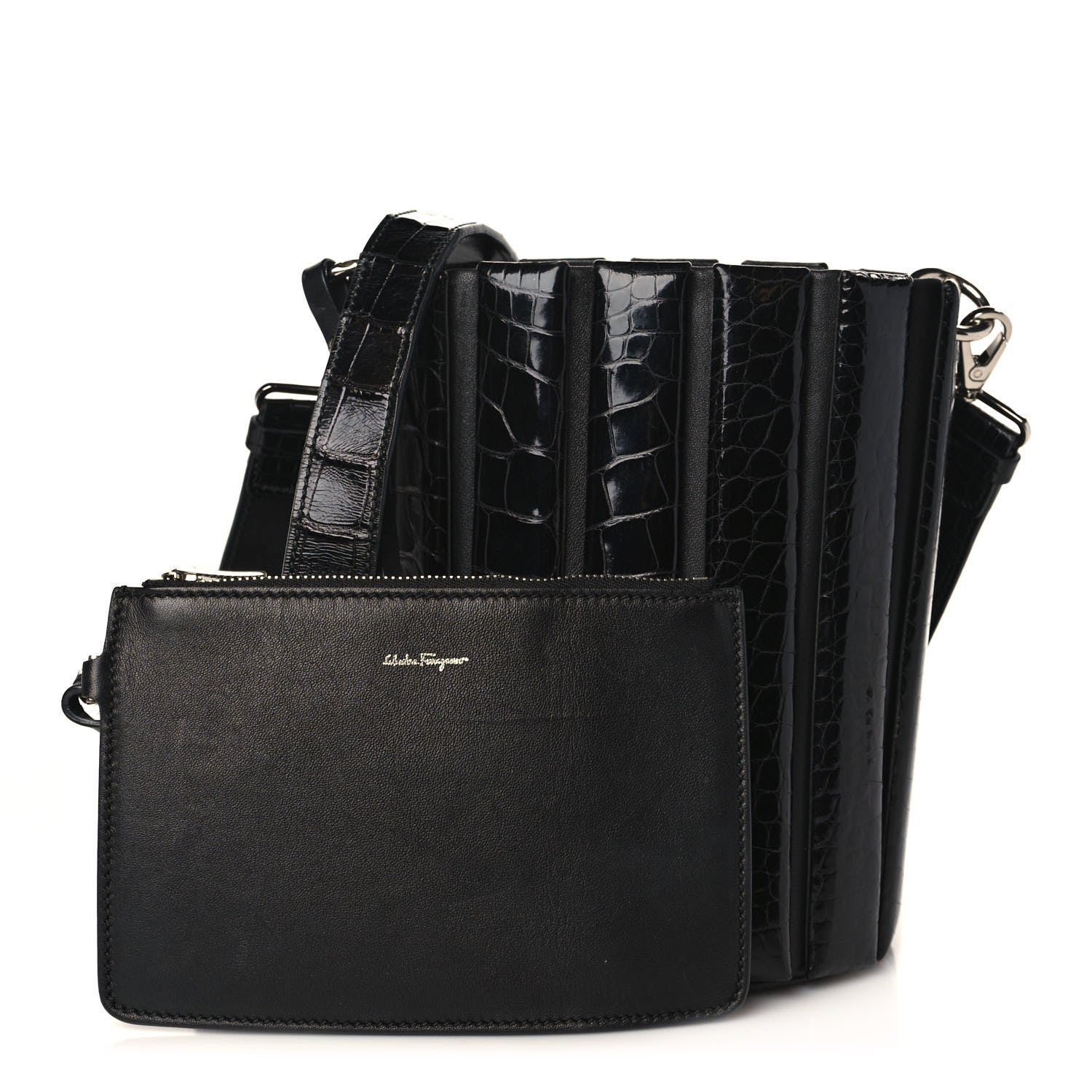 Salvatore Ferragamo Alligator Bucket Bag Black 1 of 9