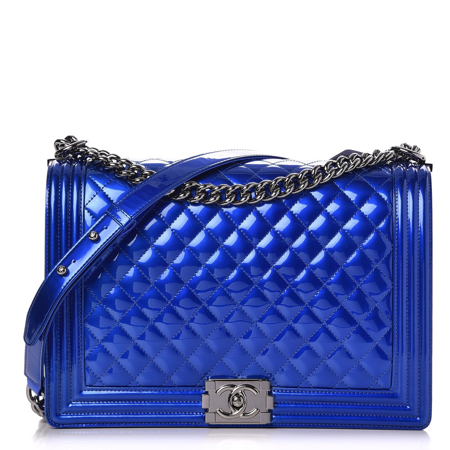 Metallic Patent Quilted Large Boy Flap Blue