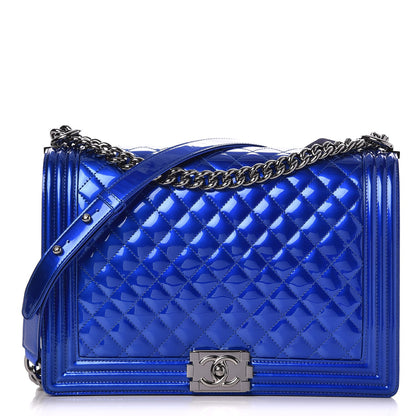 Chanel Metallic Patent Quilted Large Boy Flap Blue 1 of 10