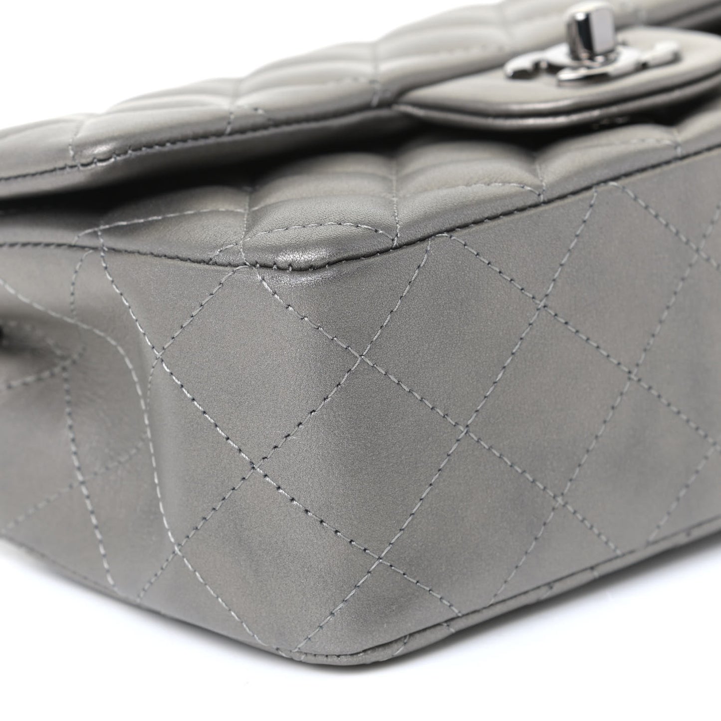 Metallic Lambskin Quilted Mini Rectangular Flap Silver