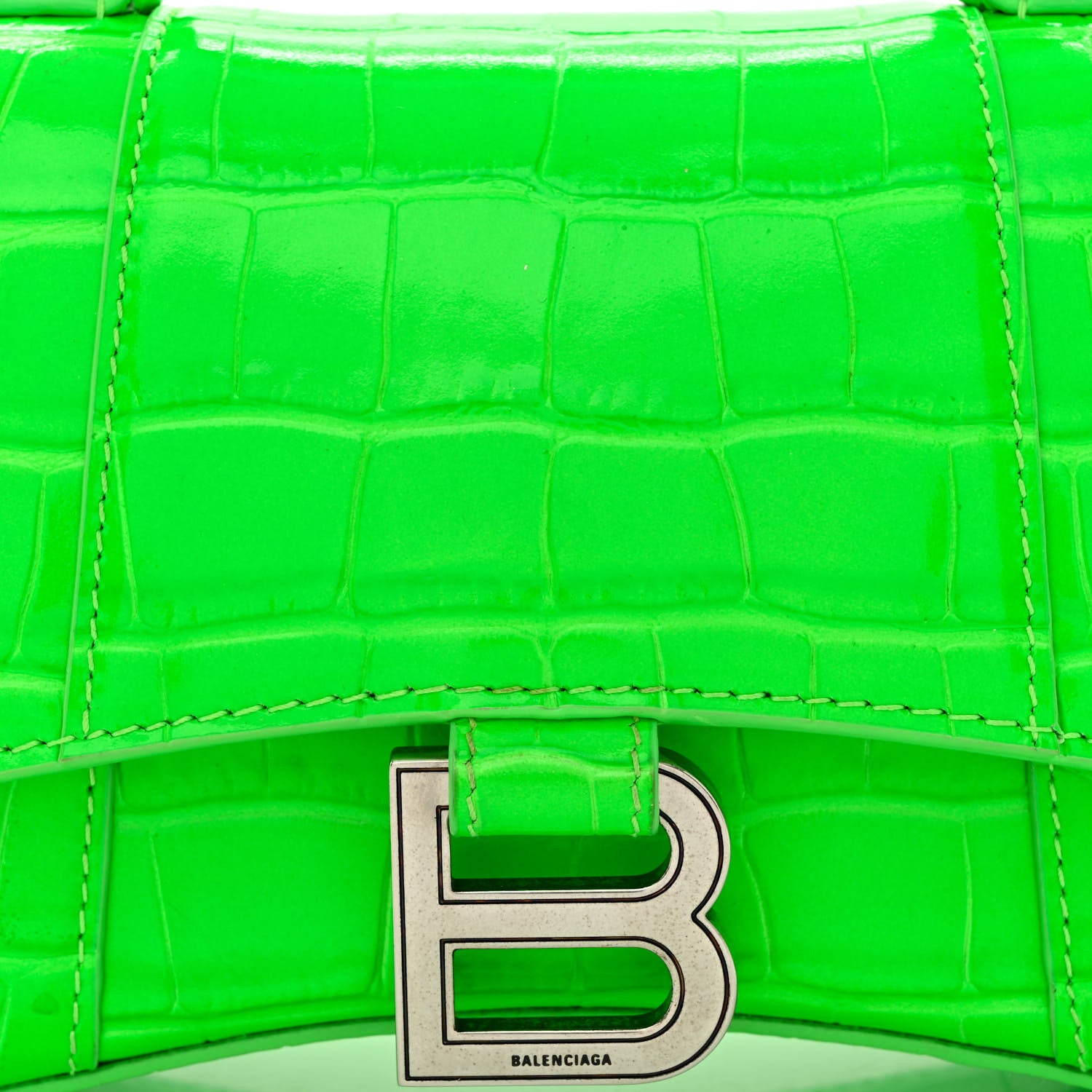 Balenciaga Shiny Calfskin Crocodile Embossed Hourglass Top Handle Bag XS Fluo Green 12 of 18